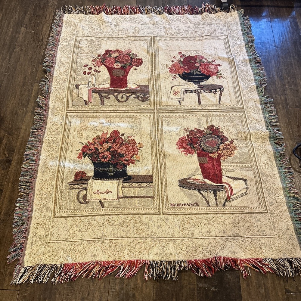 Flower Blanket Bouquet Tapestry Throw Wall Hanging 60"x47" Kathryn White